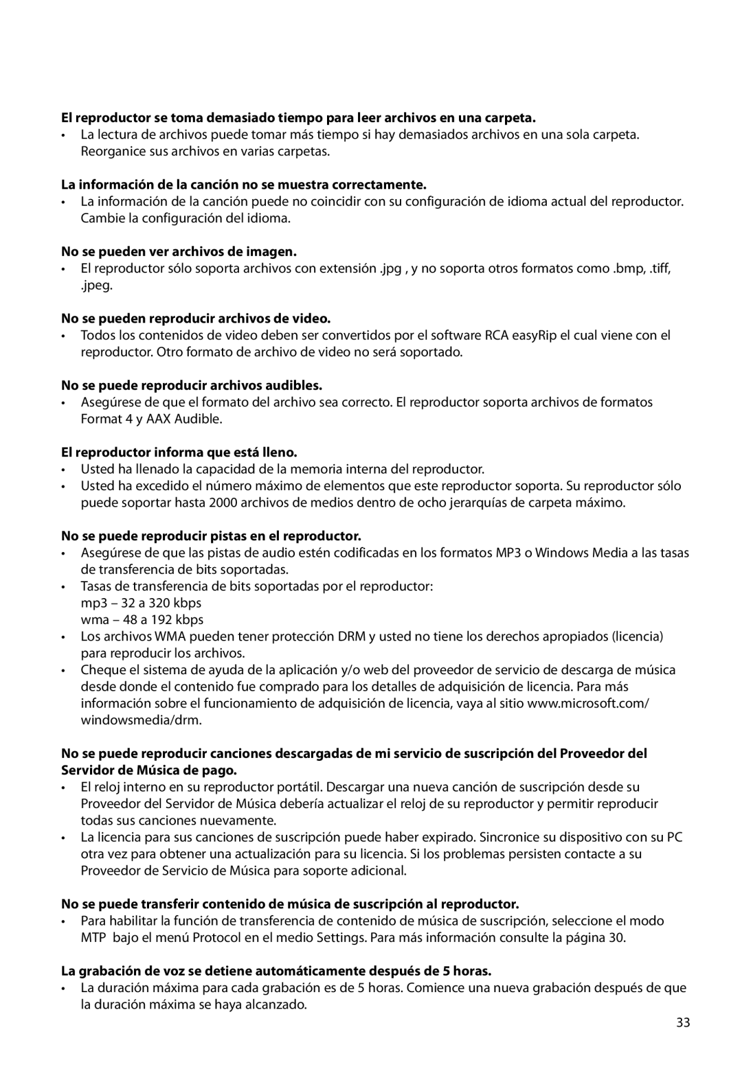 RCA M3816, M3808, M3804, M3904 La información de la canción no se muestra correctamente, No se pueden ver archivos de imagen 