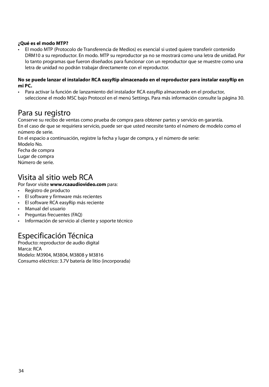 RCA M3808, M3816, M3804, M3904 Para su registro, Visita al sitio web RCA, Especificación Técnica, ¿Qué es el modo MTP? 