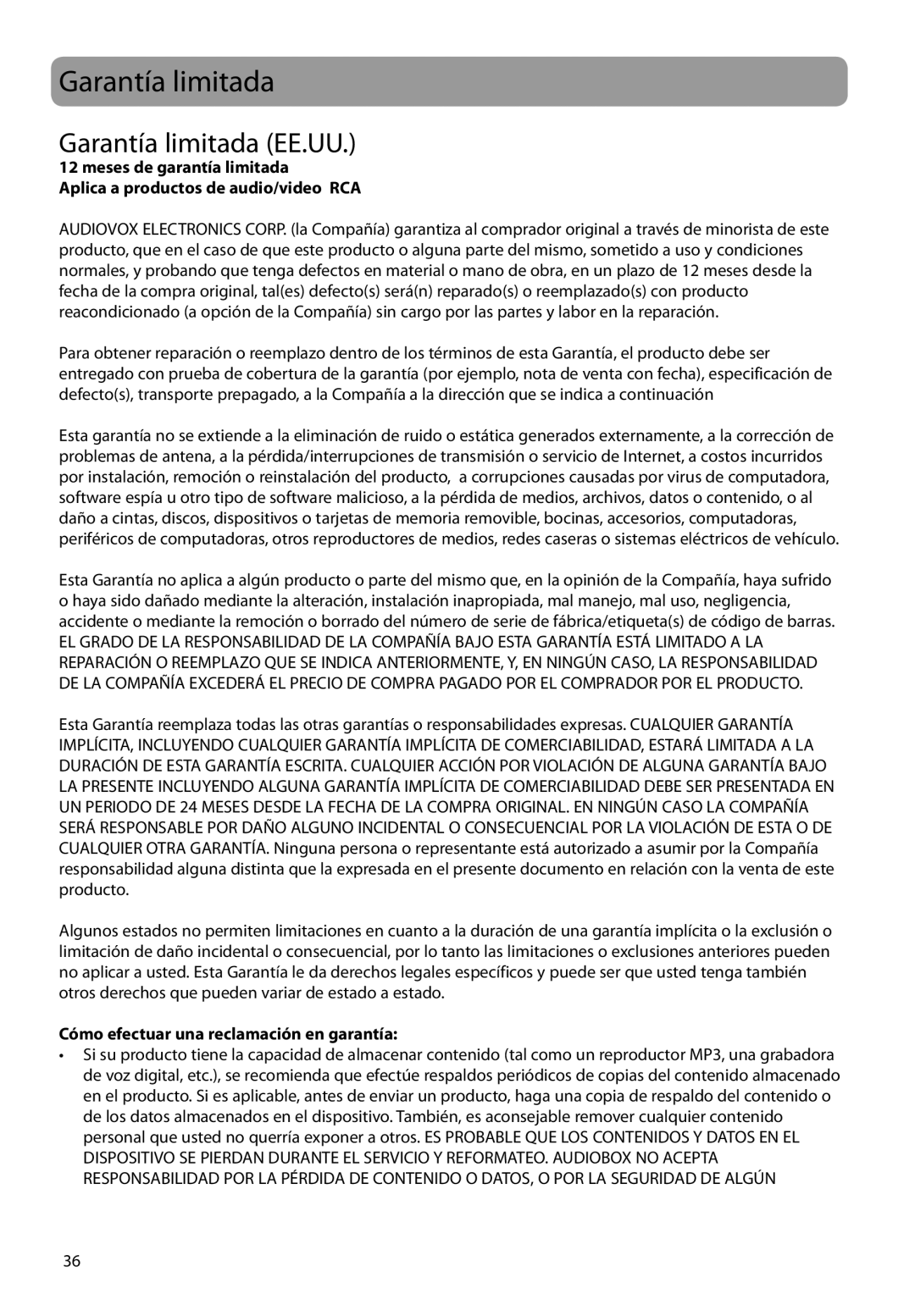 RCA M3904, M3816, M3808, M3804, M38 series, M39 series Garantía limitada EE.UU, Cómo efectuar una reclamación en garantía 