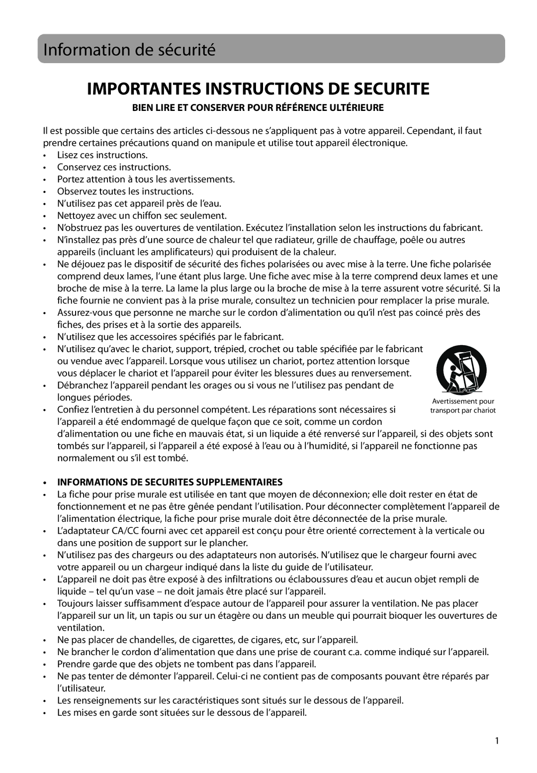 RCA M3808, M3816, M3804, M3904, M38 series, M39 series user manual Information de sécurité, Importantes Instructions DE Securite 