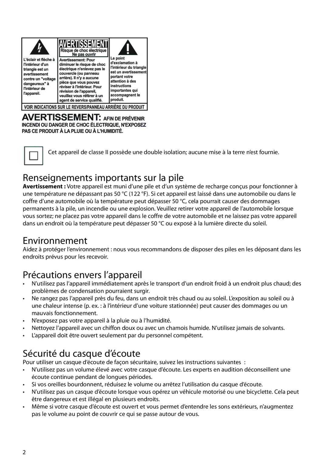 RCA M3804 Renseignements importants sur la pile, Environnement, Précautions envers l’appareil, Sécurité du casque d’écoute 