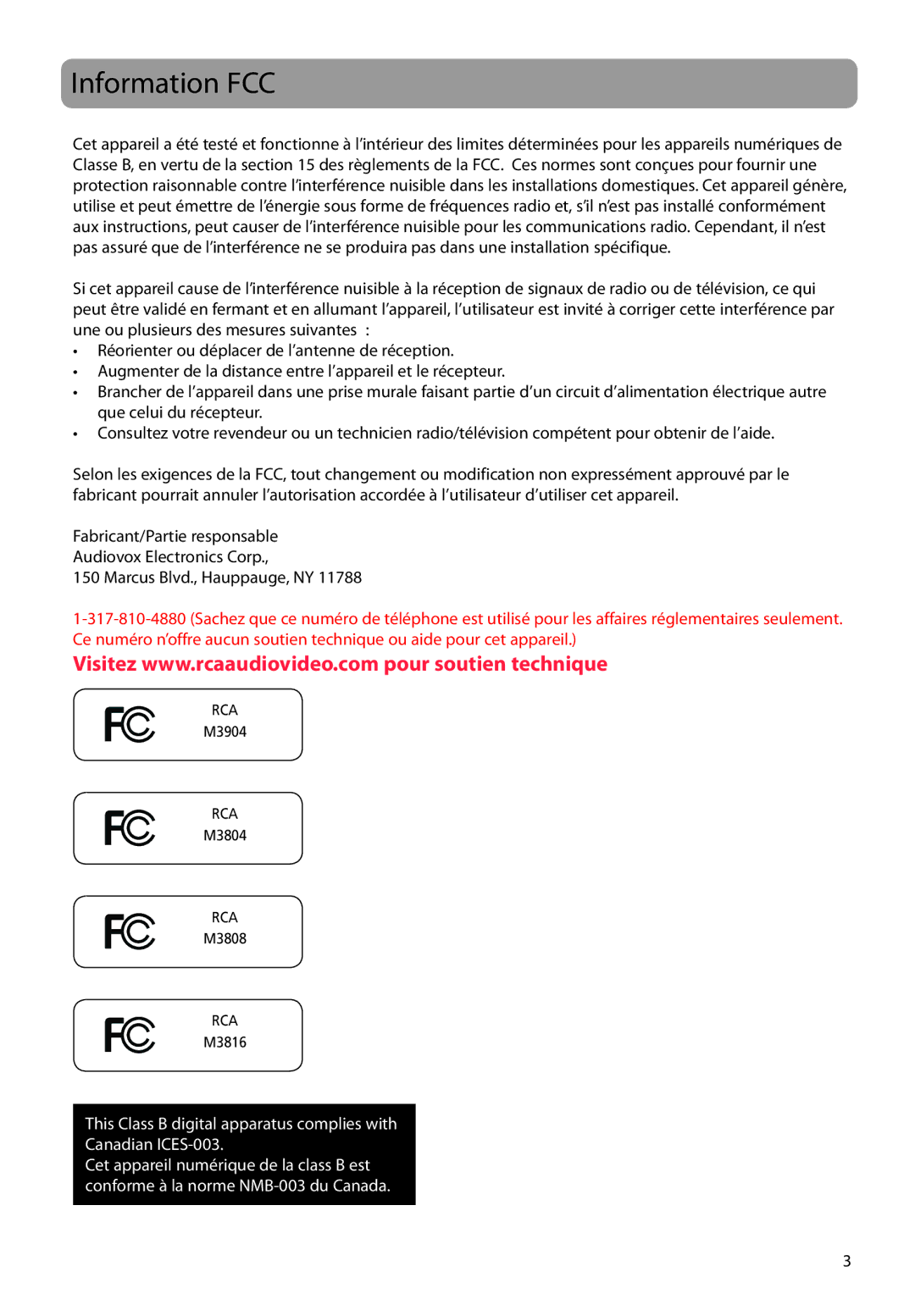 RCA M3904, M3816, M3808, M3804, M38 series, M39 series user manual Information FCC 