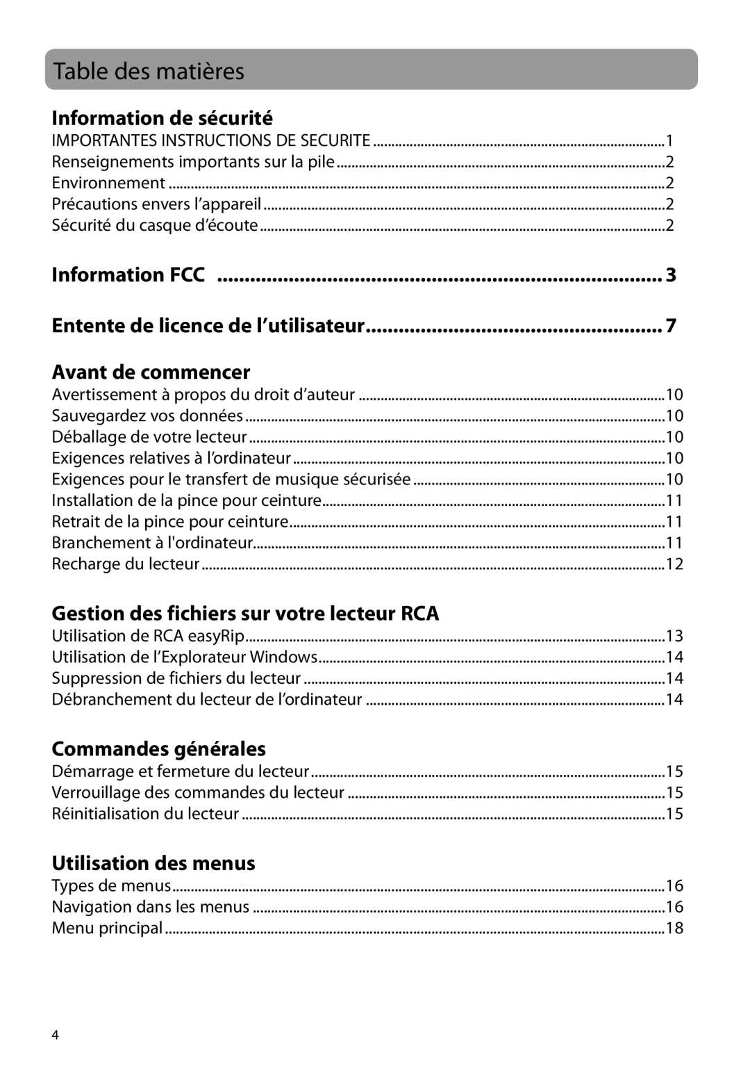 RCA M38 series, M3816, M3808, M3804, M3904, M39 series user manual Table des matières, Information de sécurité 