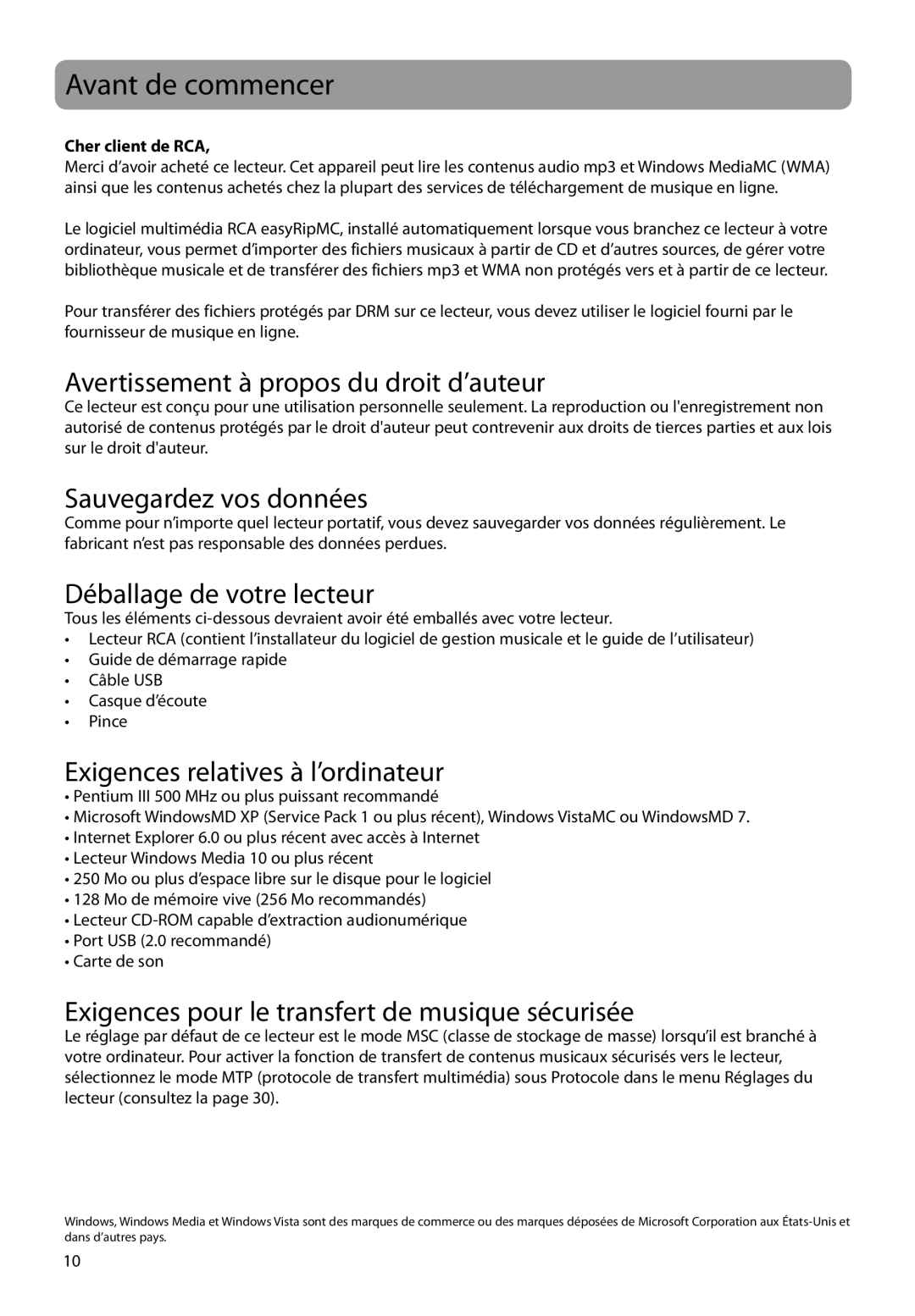 RCA M38 series, M3816, M3808, M3804, M3904, M39 series user manual Avant de commencer 