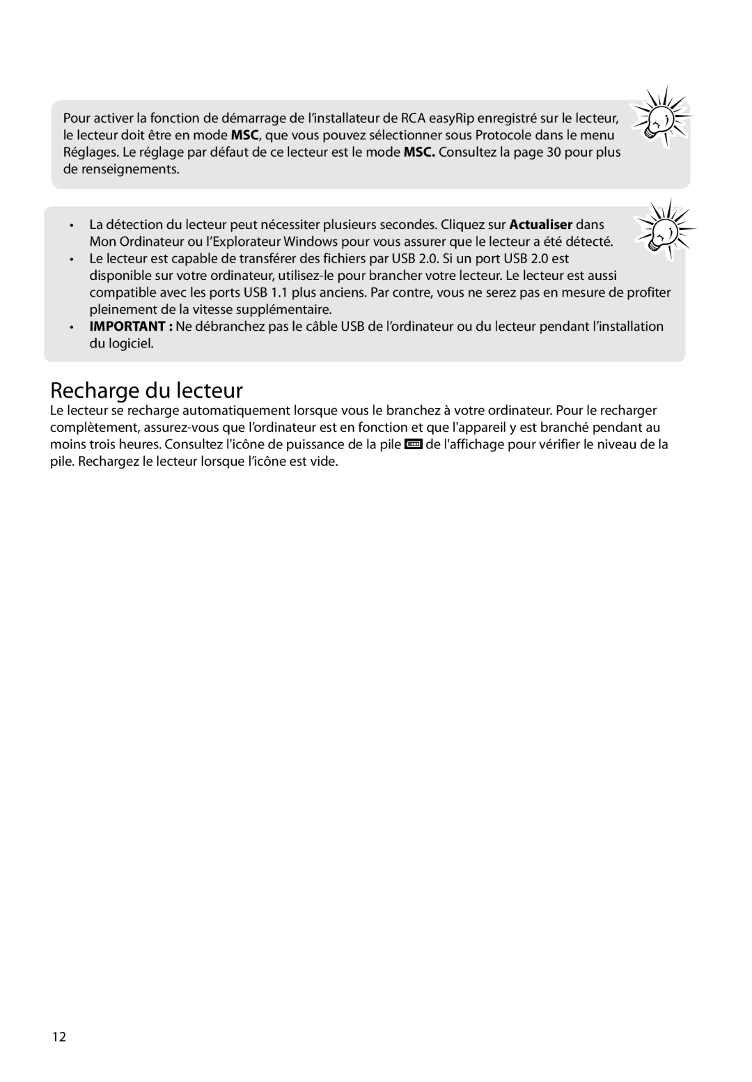 RCA M3816, M3808, M3804, M3904, M38 series, M39 series user manual Recharge du lecteur 