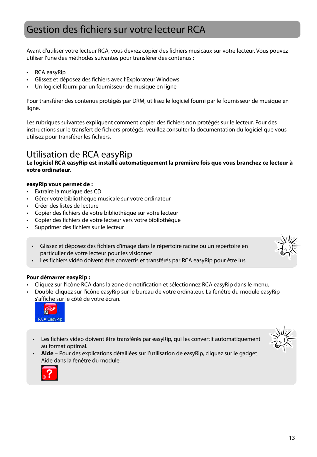 RCA M3808, M3816, M3804, M3904 Gestion des fichiers sur votre lecteur RCA, Utilisation de RCA easyRip, Pour démarrer easyRip 