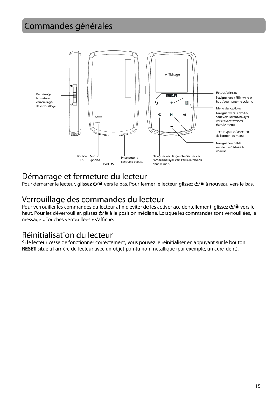 RCA M3904, M3816, M3808, M3804 Commandes générales, Démarrage et fermeture du lecteur, Verrouillage des commandes du lecteur 