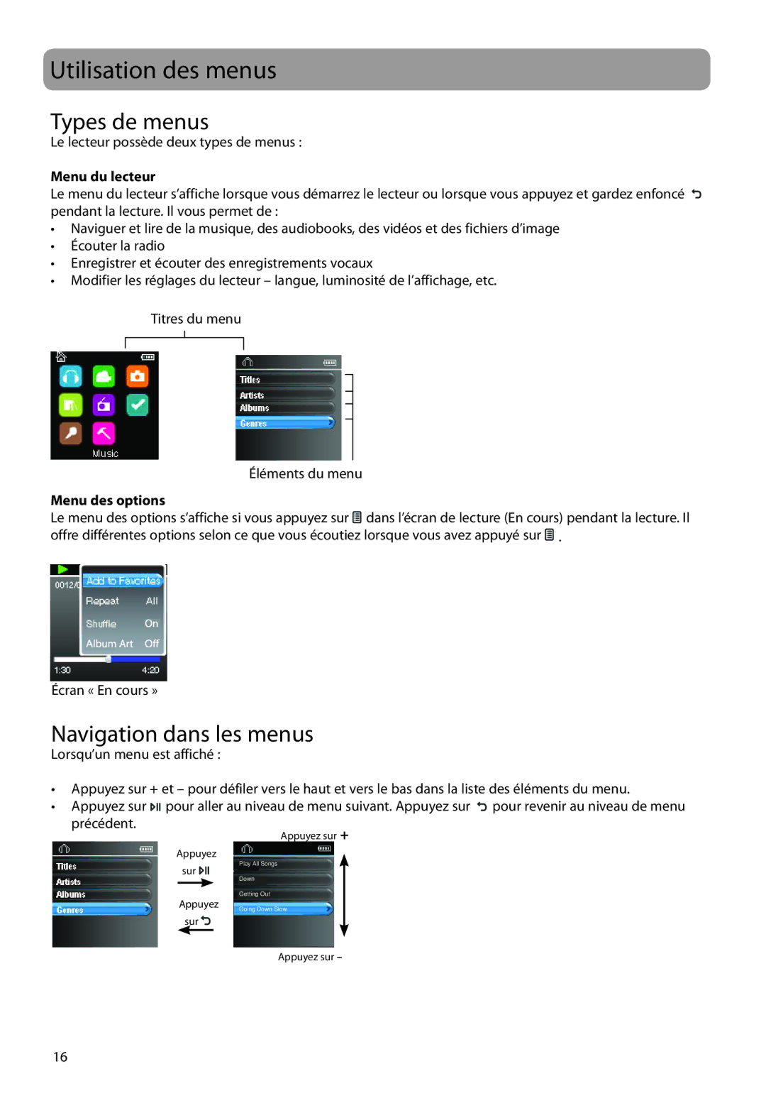 RCA M38 series, M3816 Utilisation des menus, Types de menus, Navigation dans les menus, Menu du lecteur, Menu des options 