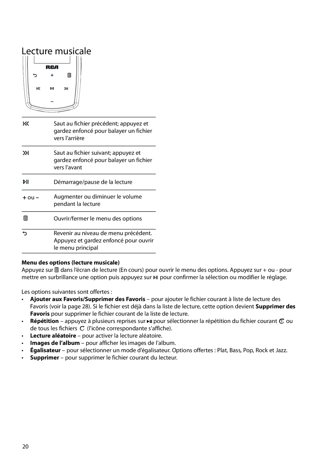 RCA M3804, M3816, M3808, M3904, M38 series, M39 series user manual Lecture musicale, Menu des options lecture musicale 