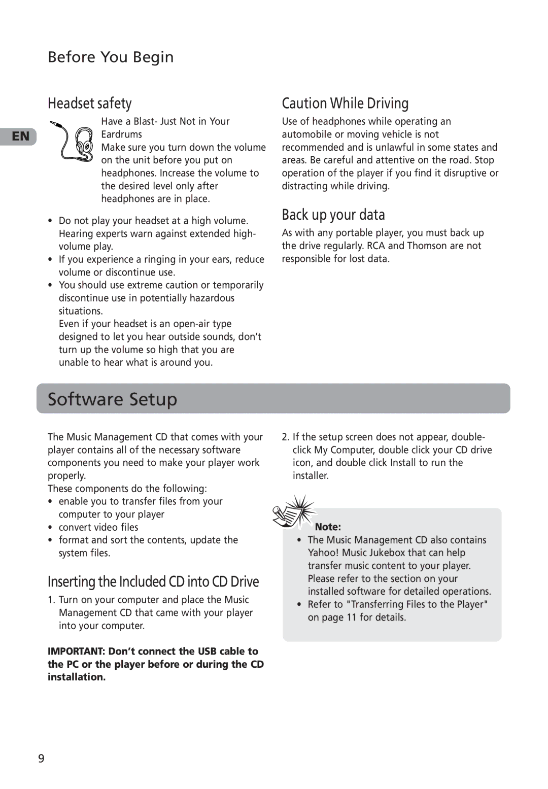 RCA MC4001, M4001, M4002, MC4002 Software Setup, Headset safety, Back up your data, Inserting the Included CD into CD Drive 