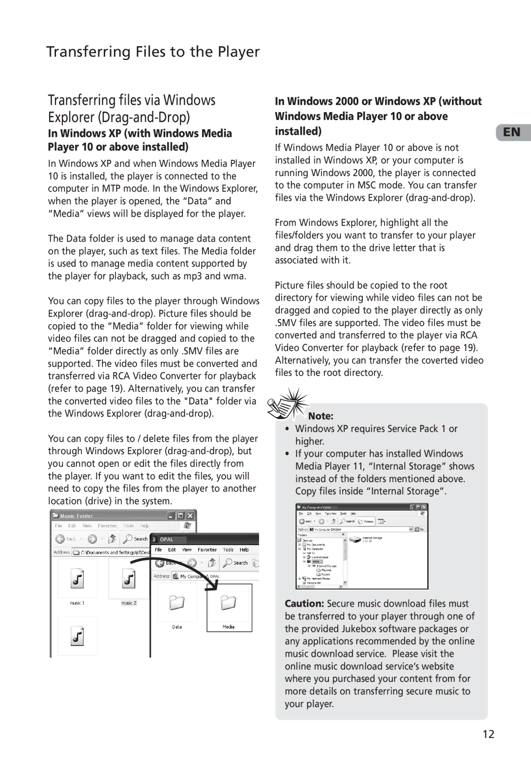 RCA M4002, M4001, MC4001, MC4002 user manual Transferring files via Windows Explorer Drag-and-Drop 