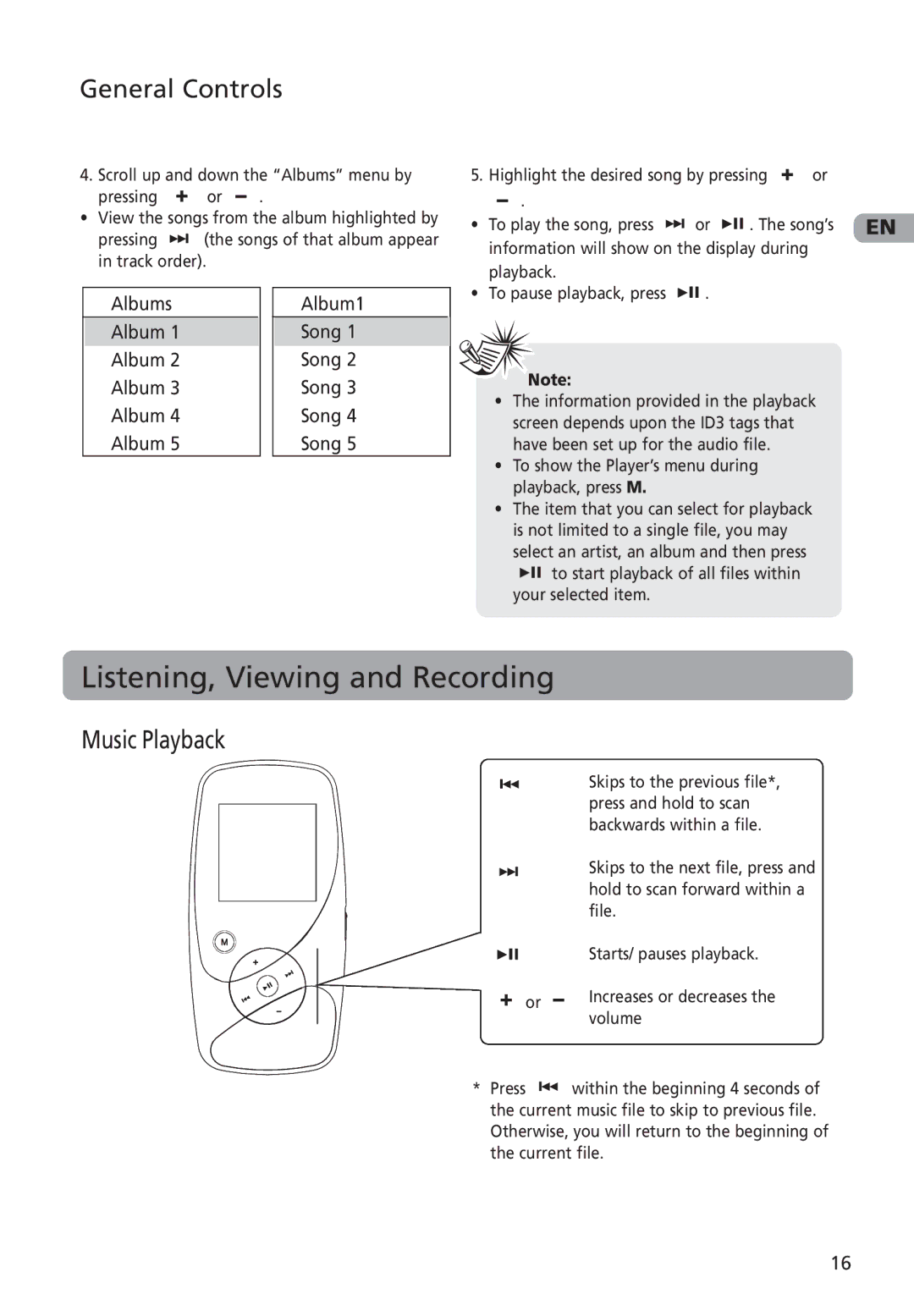 RCA M4002, M4001, MC4001, MC4002 user manual Listening, Viewing and Recording, Music Playback, Albums Album1 Song, Volume 