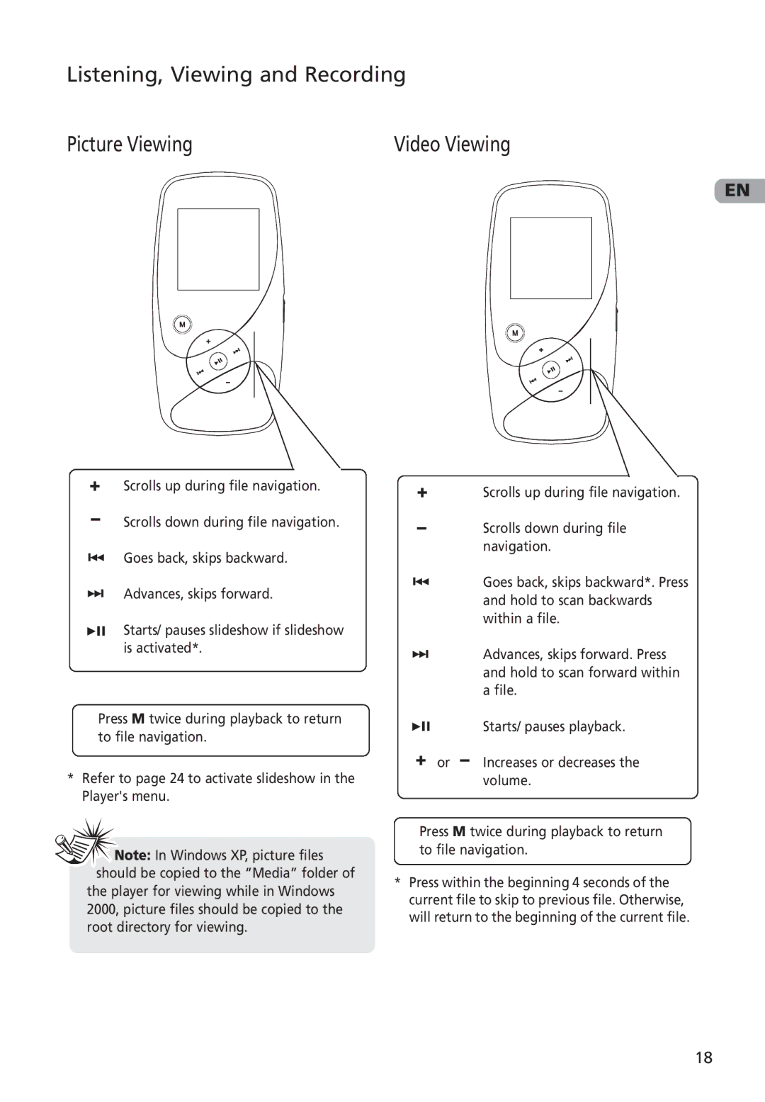 RCA MC4002, M4001, M4002, MC4001 user manual Listening, Viewing and Recording Picture Viewing, Video Viewing 