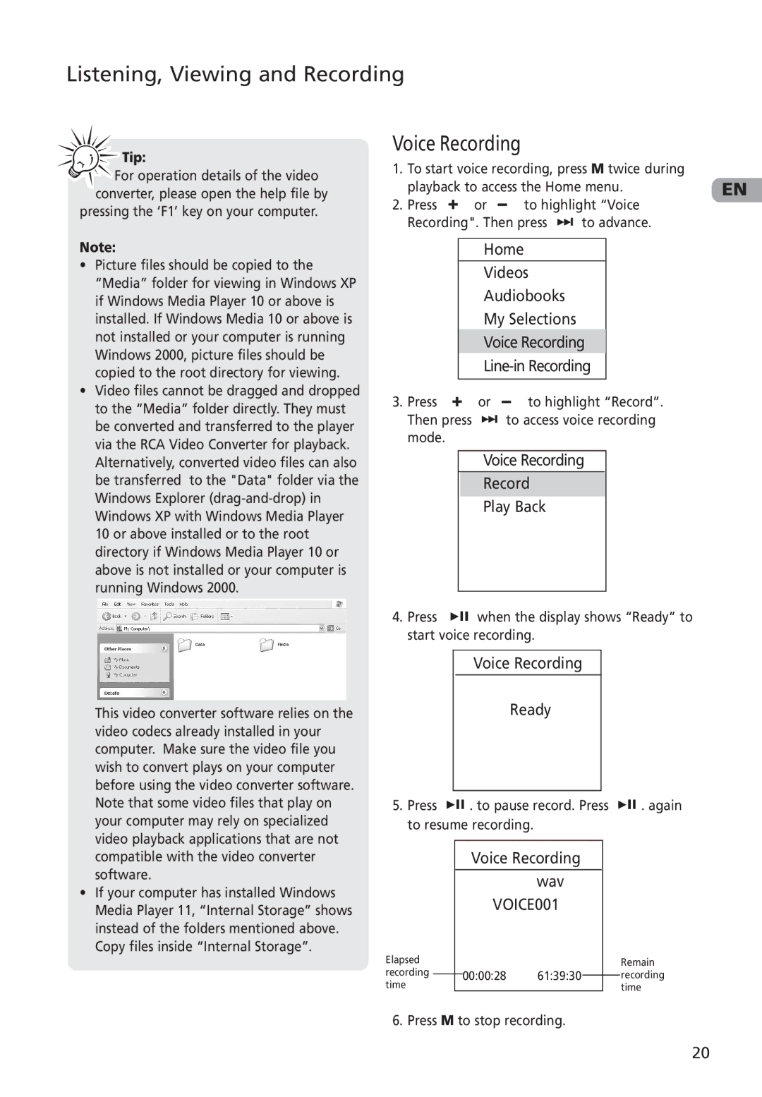 RCA M4002, M4001, MC4001, MC4002 user manual Voice Recording 