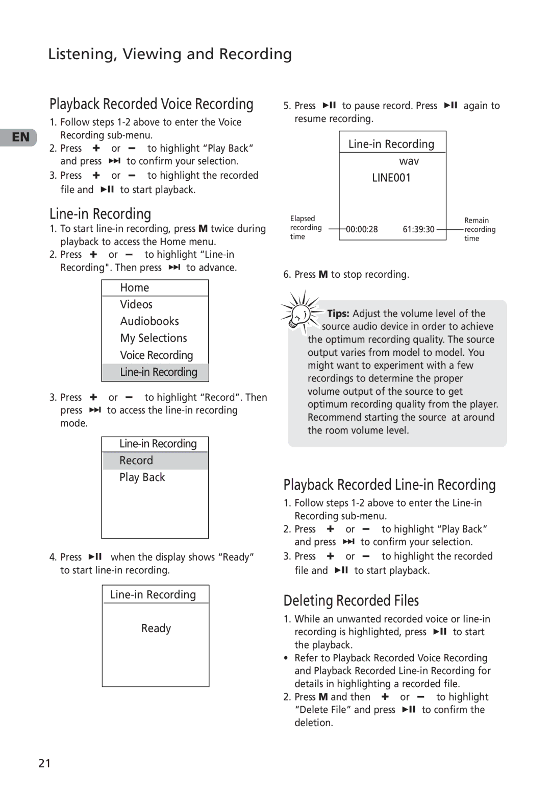 RCA MC4001, M4001, M4002, MC4002 user manual Playback Recorded Line-in Recording, Deleting Recorded Files 