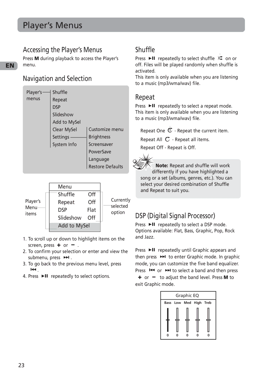 RCA M4001, M4002, MC4001 Accessing the Player’s Menus, Navigation and Selection, Repeat, DSP Digital Signal Processor 