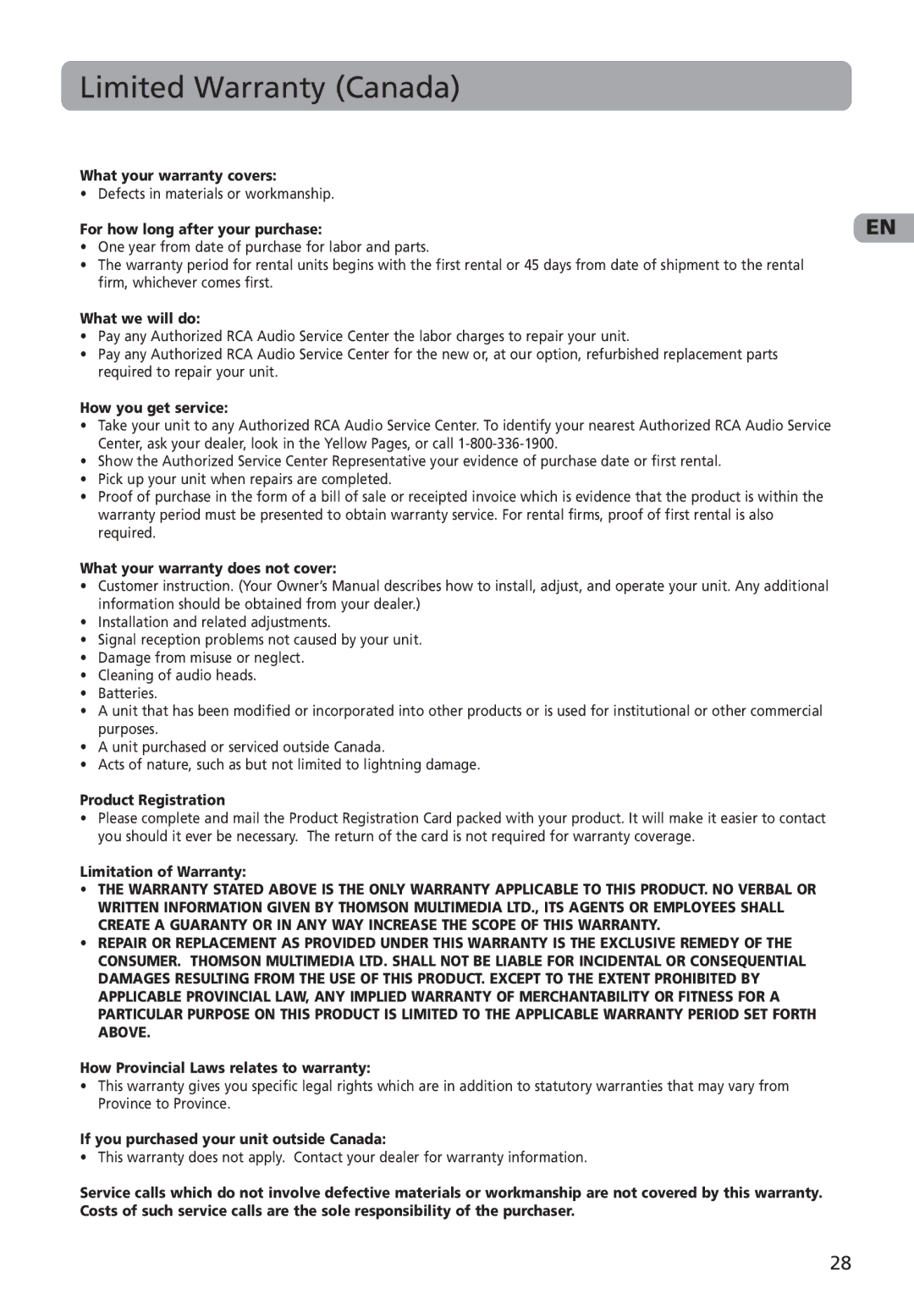 RCA M4002, M4001, MC4001, MC4002 user manual Limited Warranty Canada, For how long after your purchase 