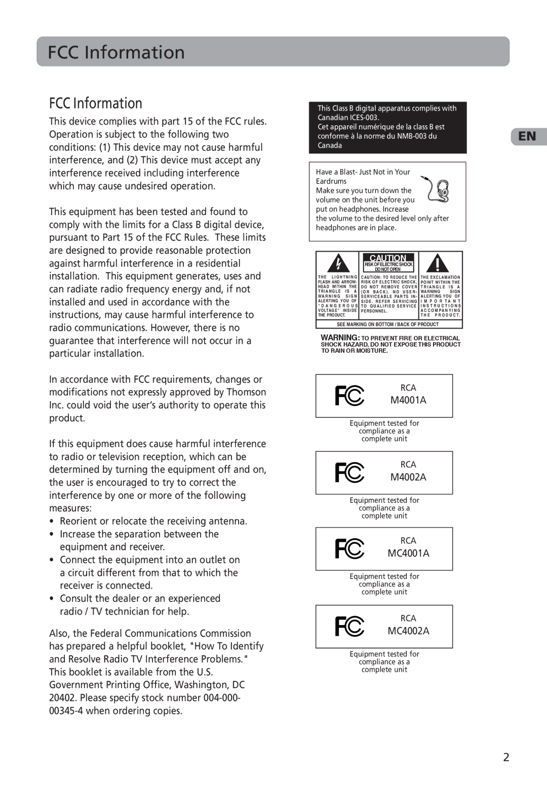 RCA MC4002, M4001, M4002, MC4001 user manual FCC Information 