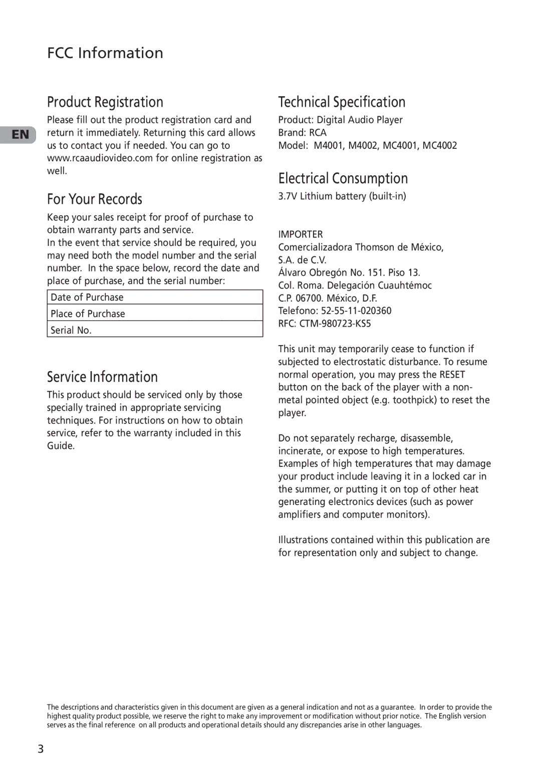 RCA M4001, M4002 FCC Information Product Registration, For Your Records, Service Information, Technical Specification 