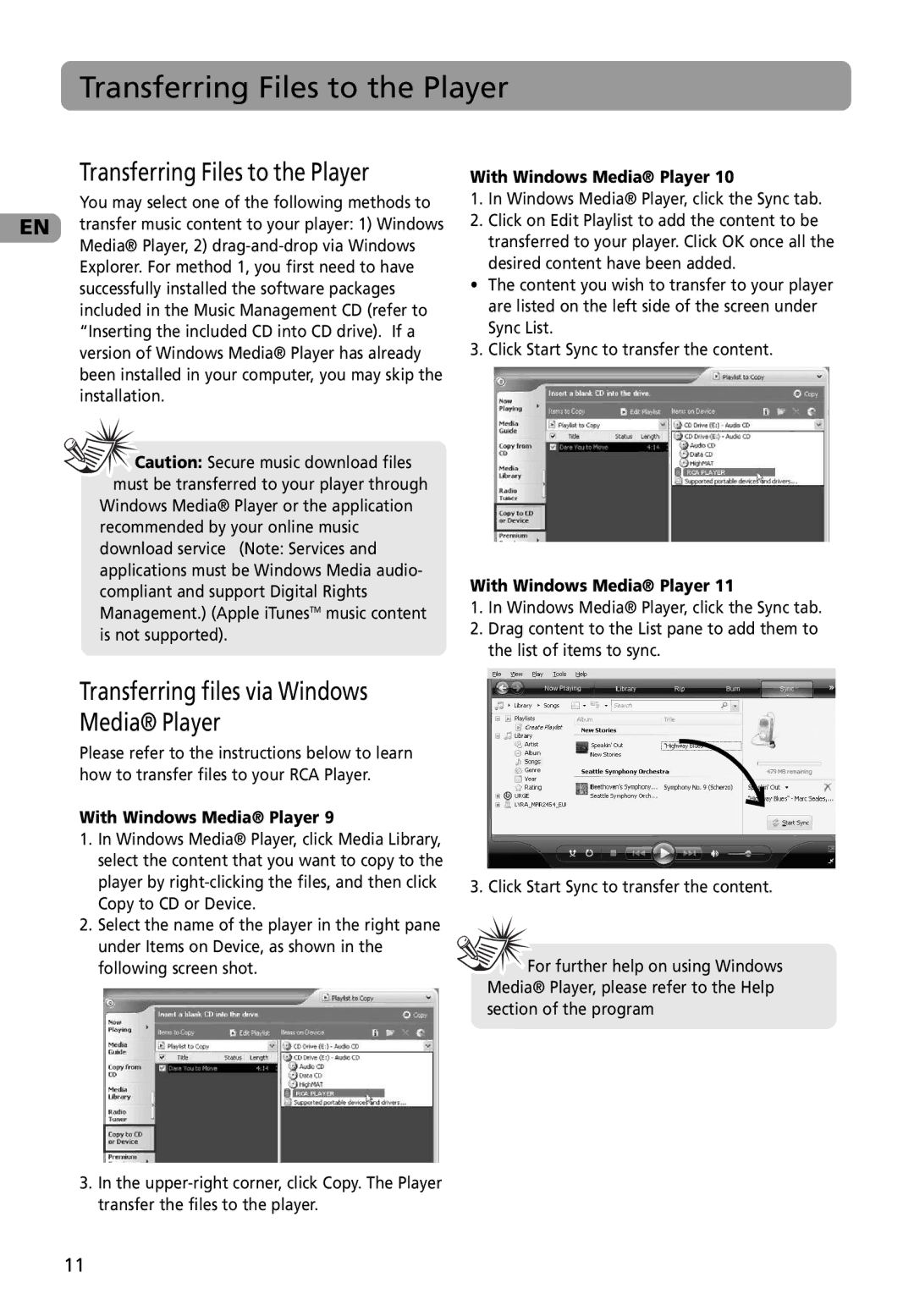 RCA M4002BL, M4002RD, MC4002BL user manual Transferring Files to the Player, Transferring files via Windows Media Player 