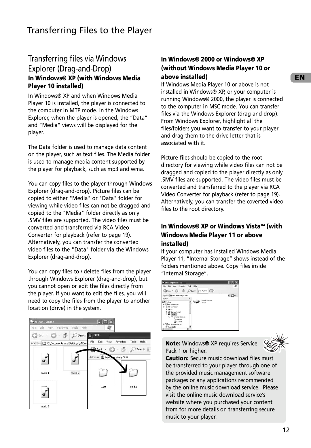 RCA M4002RD Transferring files via Windows Explorer Drag-and-Drop, Windows XP with Windows Media Player 10 installed 