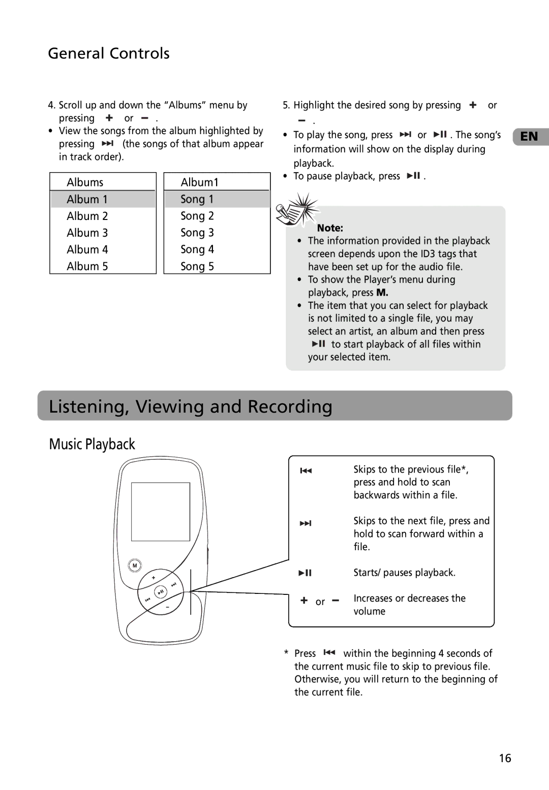 RCA MC4002BL, M4002BL, M4002RD user manual Listening, Viewing and Recording, Music Playback, Albums Album1 Song 