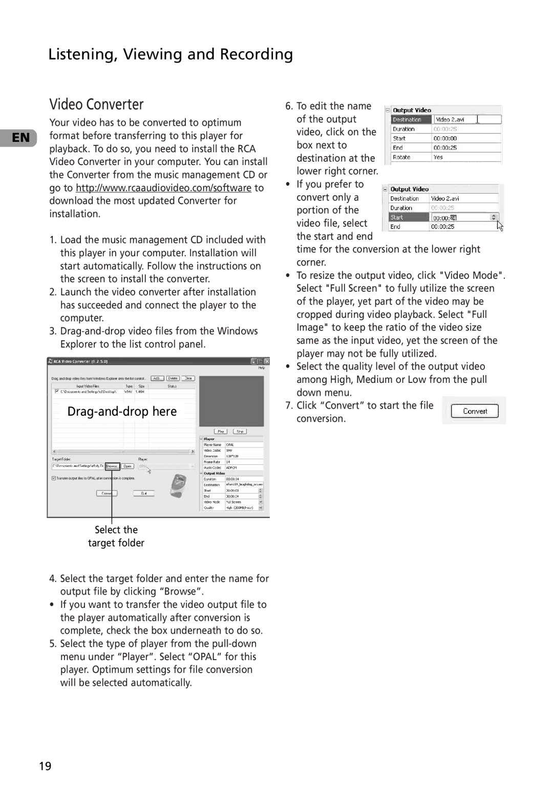 RCA MC4002BL, M4002BL, M4002RD user manual Listening, Viewing and Recording Video Converter, Drag-and-drop here 