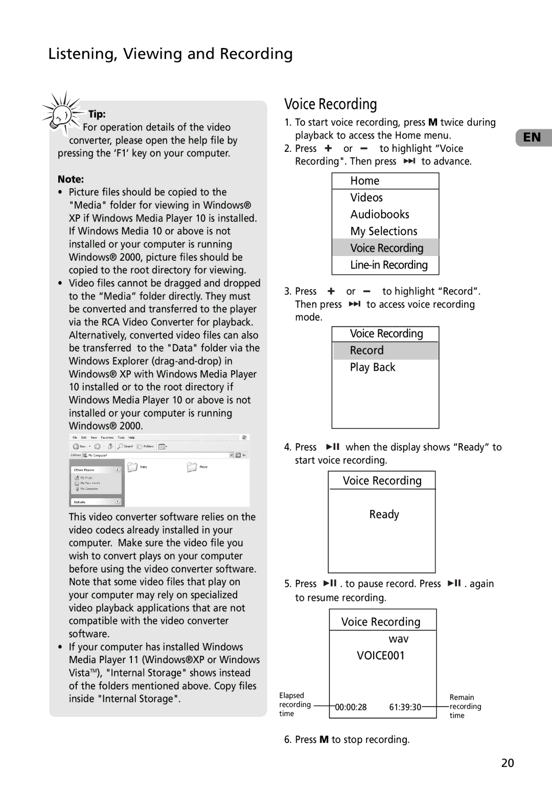 RCA M4002BL, M4002RD, MC4002BL user manual Voice Recording 