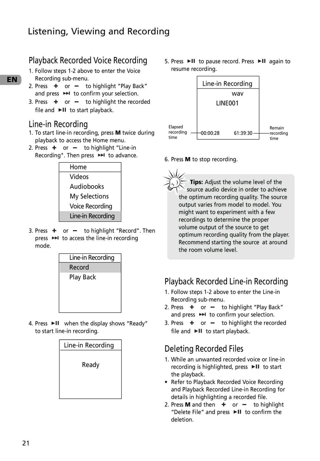 RCA M4002RD, M4002BL, MC4002BL user manual Playback Recorded Line-in Recording, Deleting Recorded Files 