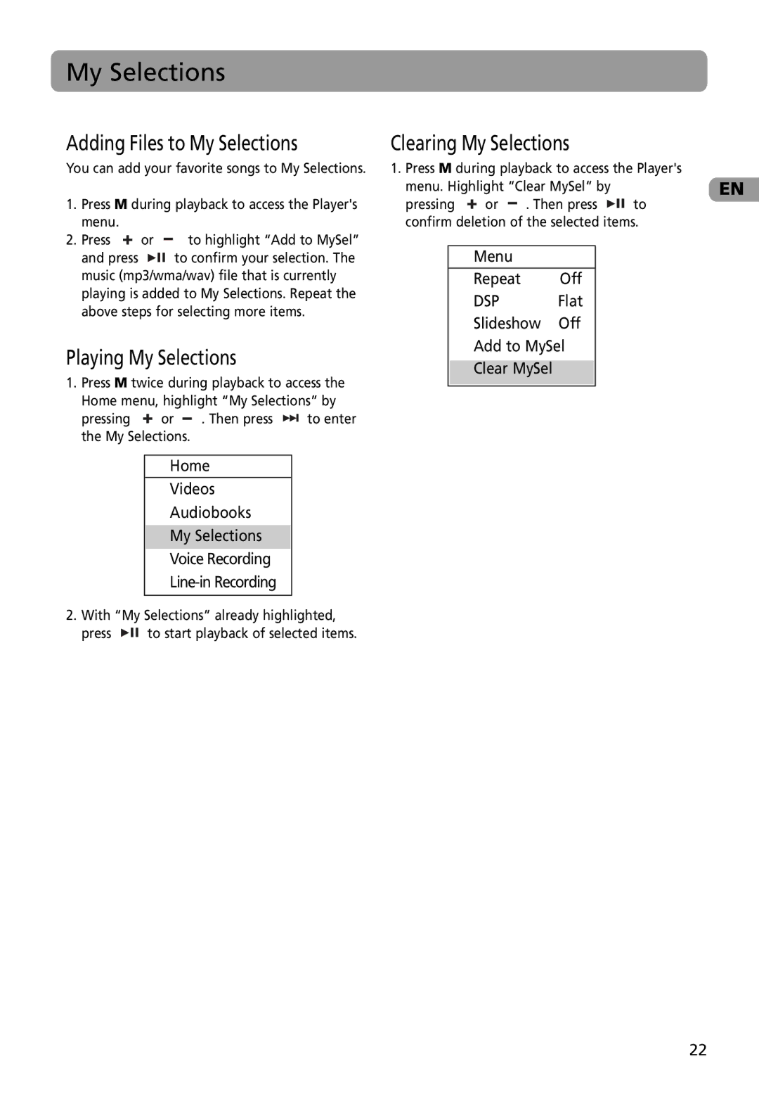 RCA MC4002BL, M4002BL, M4002RD user manual Adding Files to My Selections, Playing My Selections, Clearing My Selections 