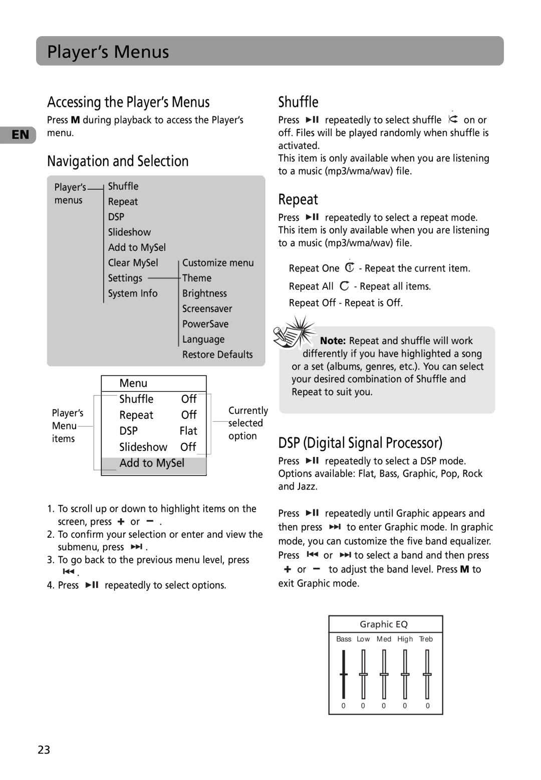 RCA M4002BL, M4002RD Accessing the Player’s Menus, Navigation and Selection, Repeat, DSP Digital Signal Processor 