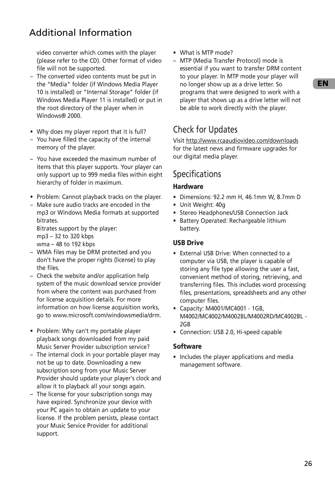 RCA M4002BL, M4002RD, MC4002BL user manual Check for Updates Specifications, Hardware 