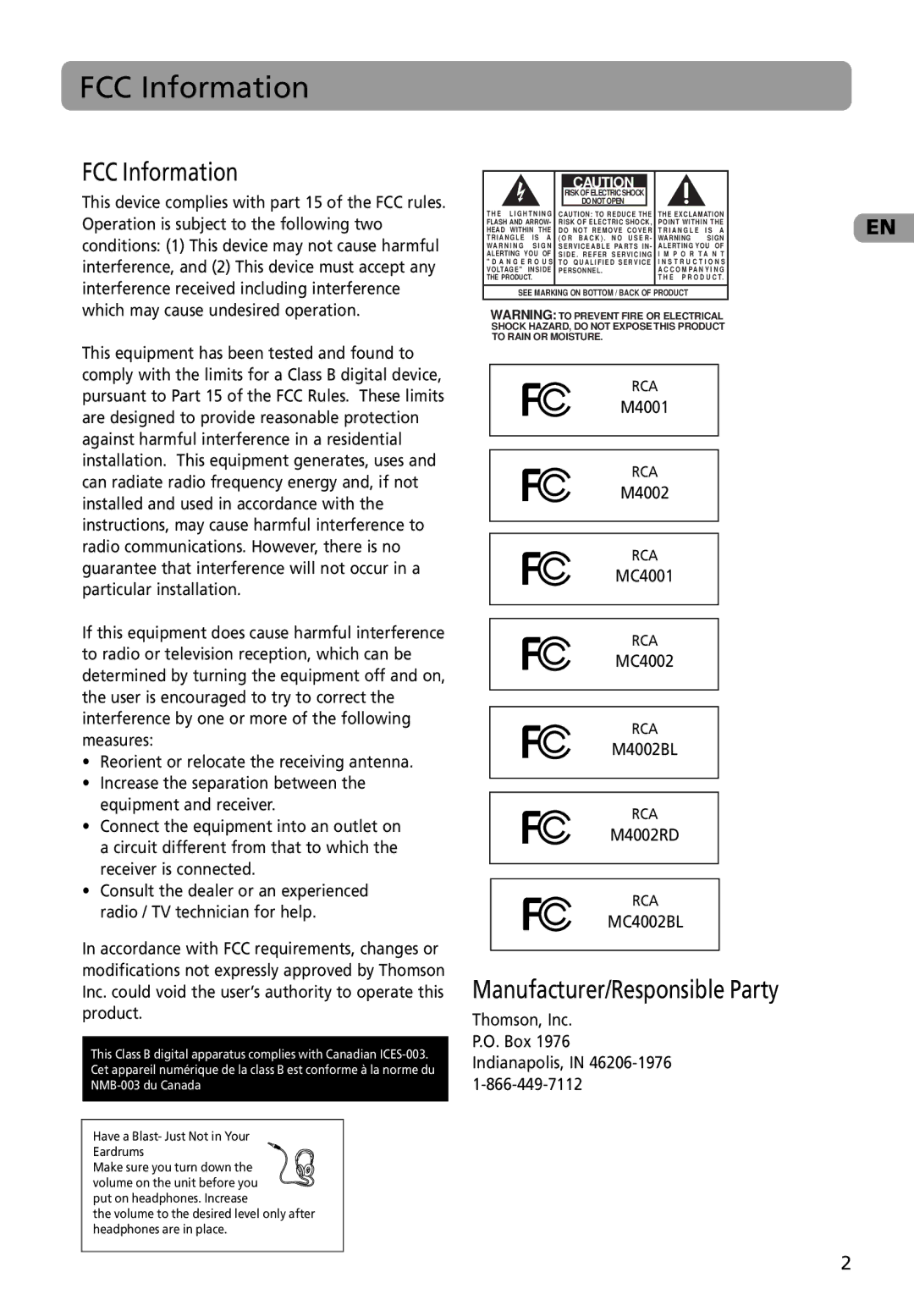 RCA M4002BL, M4002RD, MC4002BL user manual FCC Information, Manufacturer/Responsible Party 