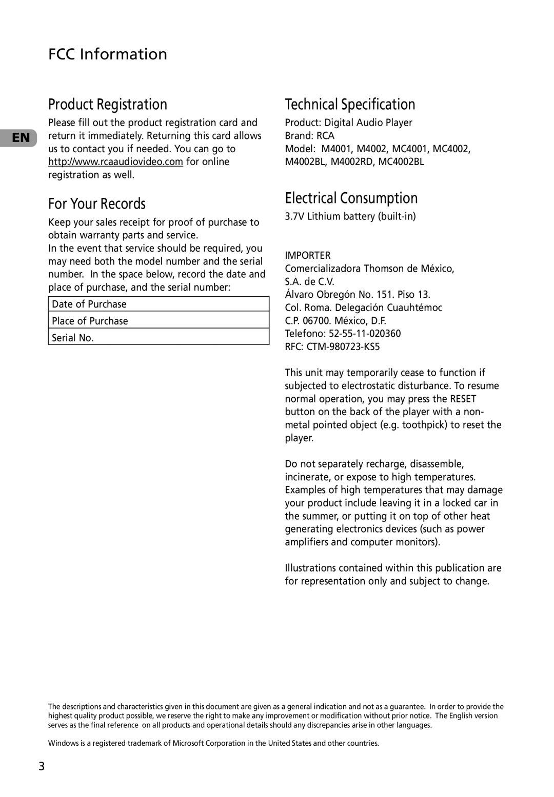 RCA M4002RD, M4002BL, MC4002BL user manual For Your Records, Electrical Consumption 