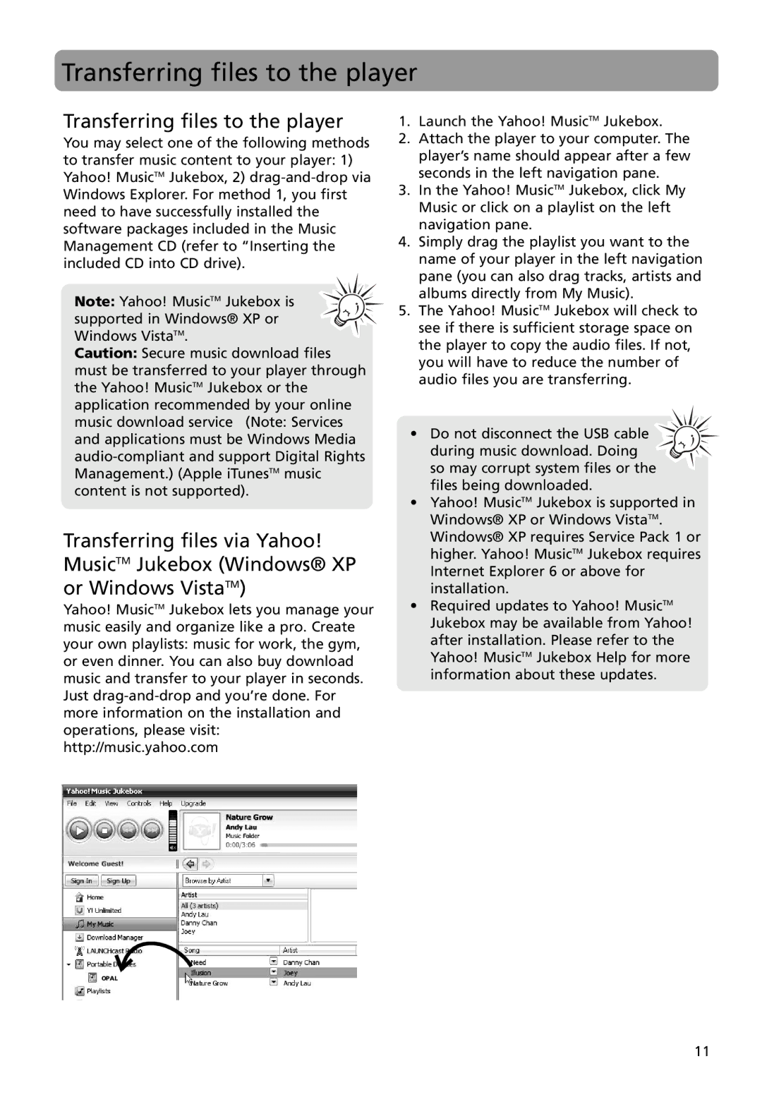 RCA MC4004, M4004, M4018, M4008, MC4018, MC4008 user manual Transferring files to the player 