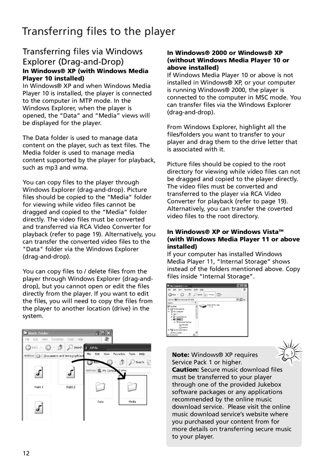 RCA M4004, M4018 Transferring files via Windows Explorer Drag-and-Drop, Windows XP with Windows Media Player 10 installed 