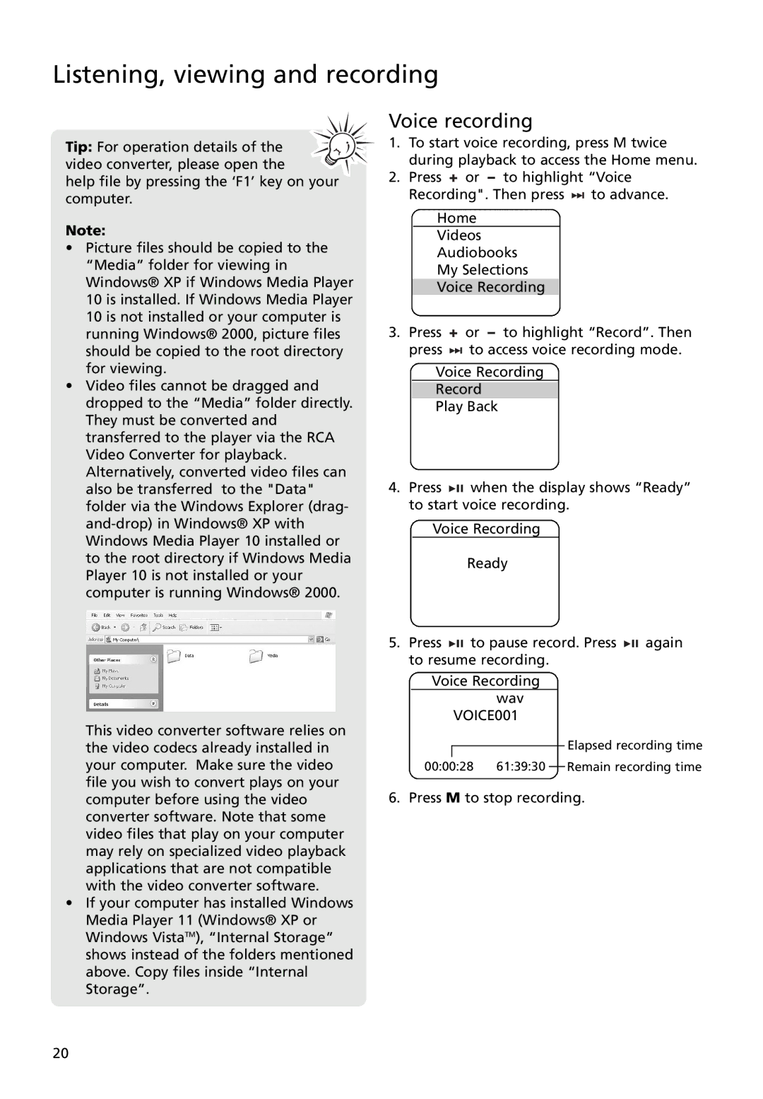 RCA M4008, M4004, M4018, MC4018, MC4008, MC4004 user manual Voice recording 