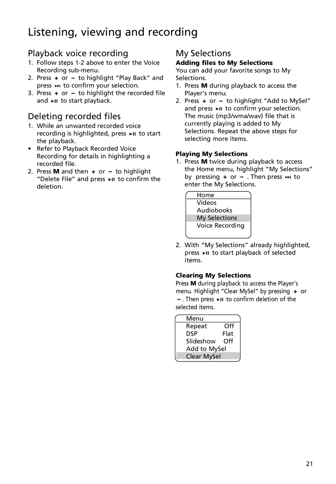 RCA MC4018, M4004, M4018, M4008, MC4008, MC4004 user manual Playback voice recording, Deleting recorded files, My Selections 