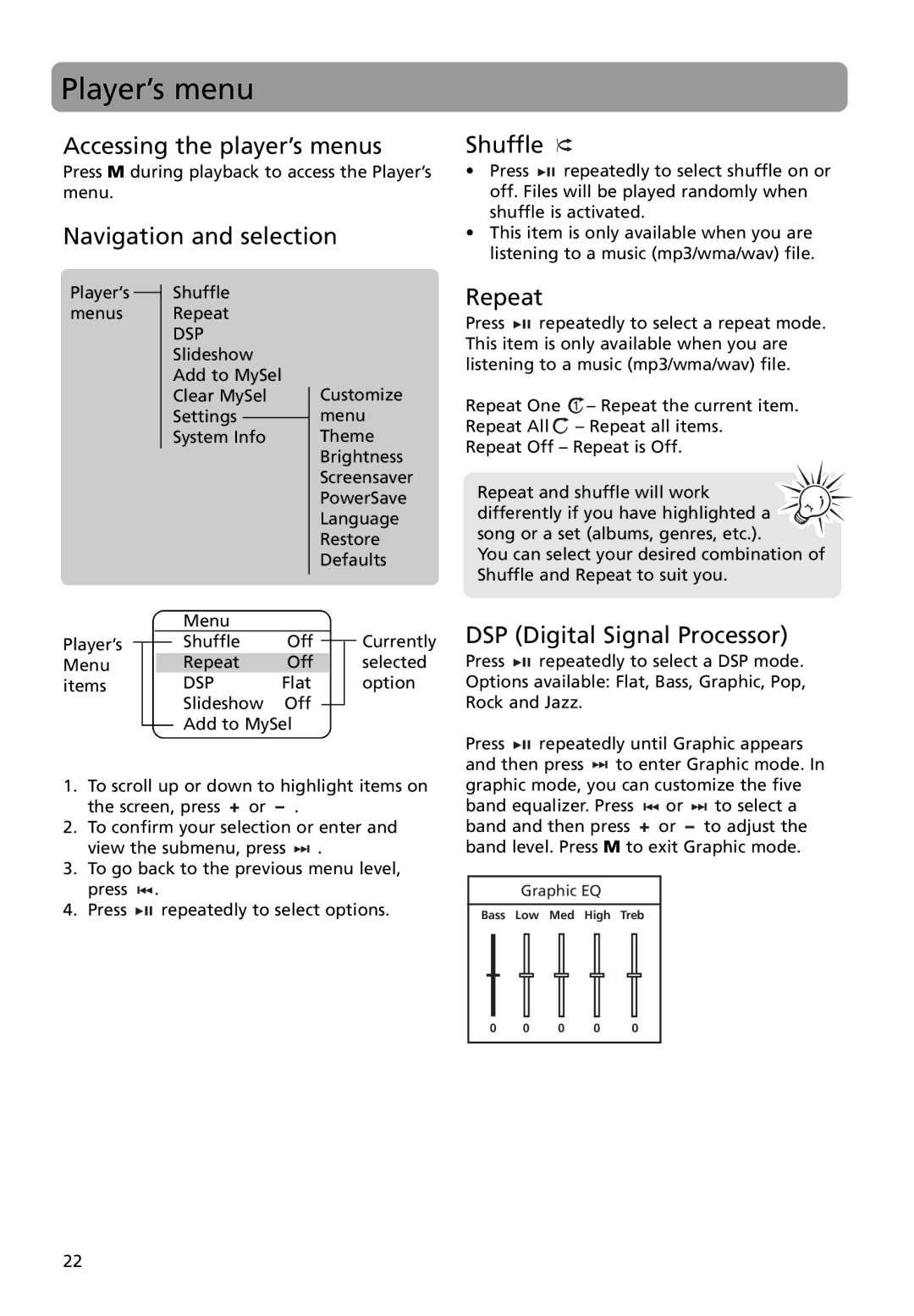 RCA MC4008, M4004, M4018, M4008, MC4018 Player’s menu, Accessing the player’s menus, Navigation and selection Shuffle, Repeat 