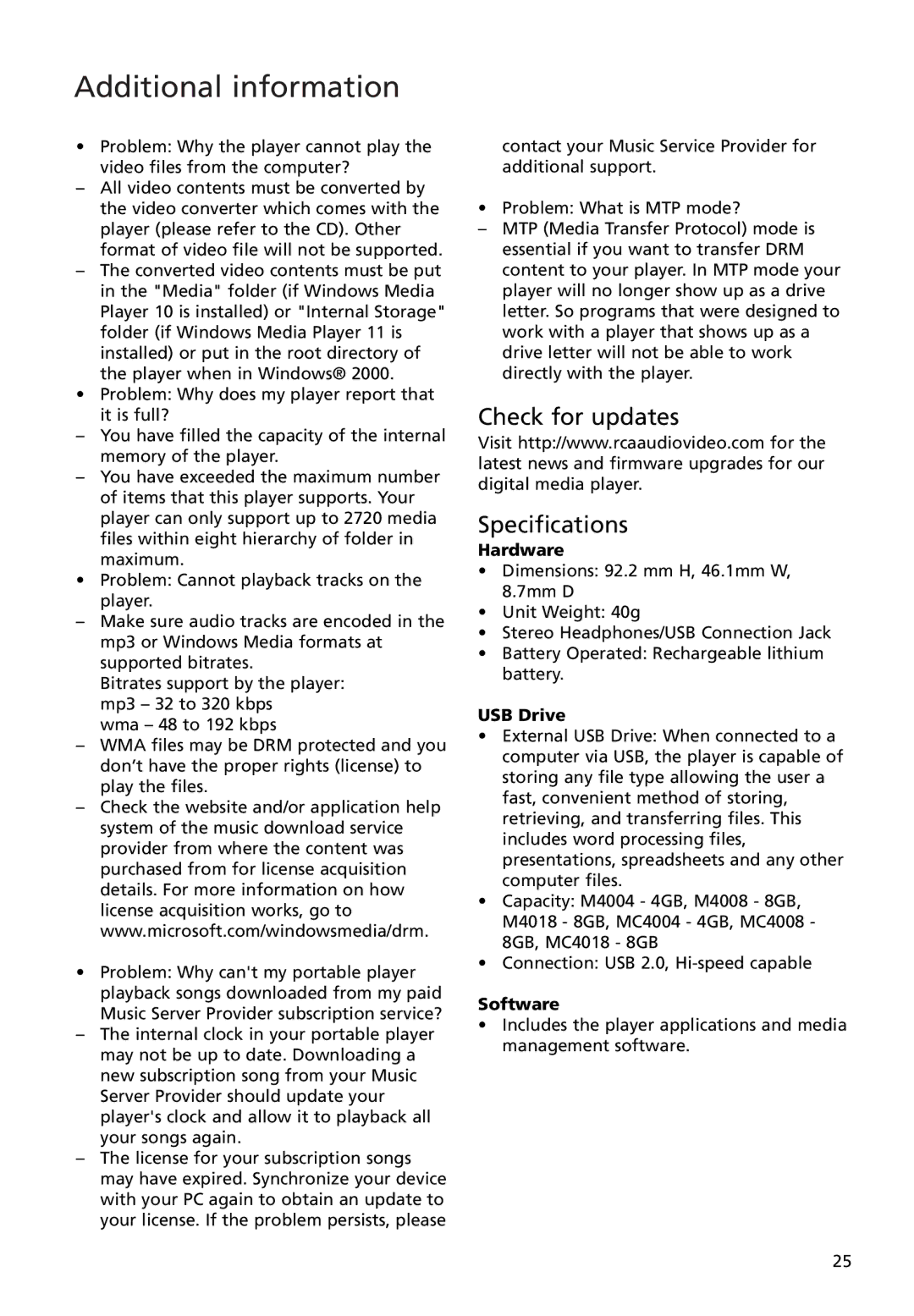 RCA M4018, M4004, M4008, MC4018, MC4008, MC4004 user manual Check for updates Specifications, Hardware 