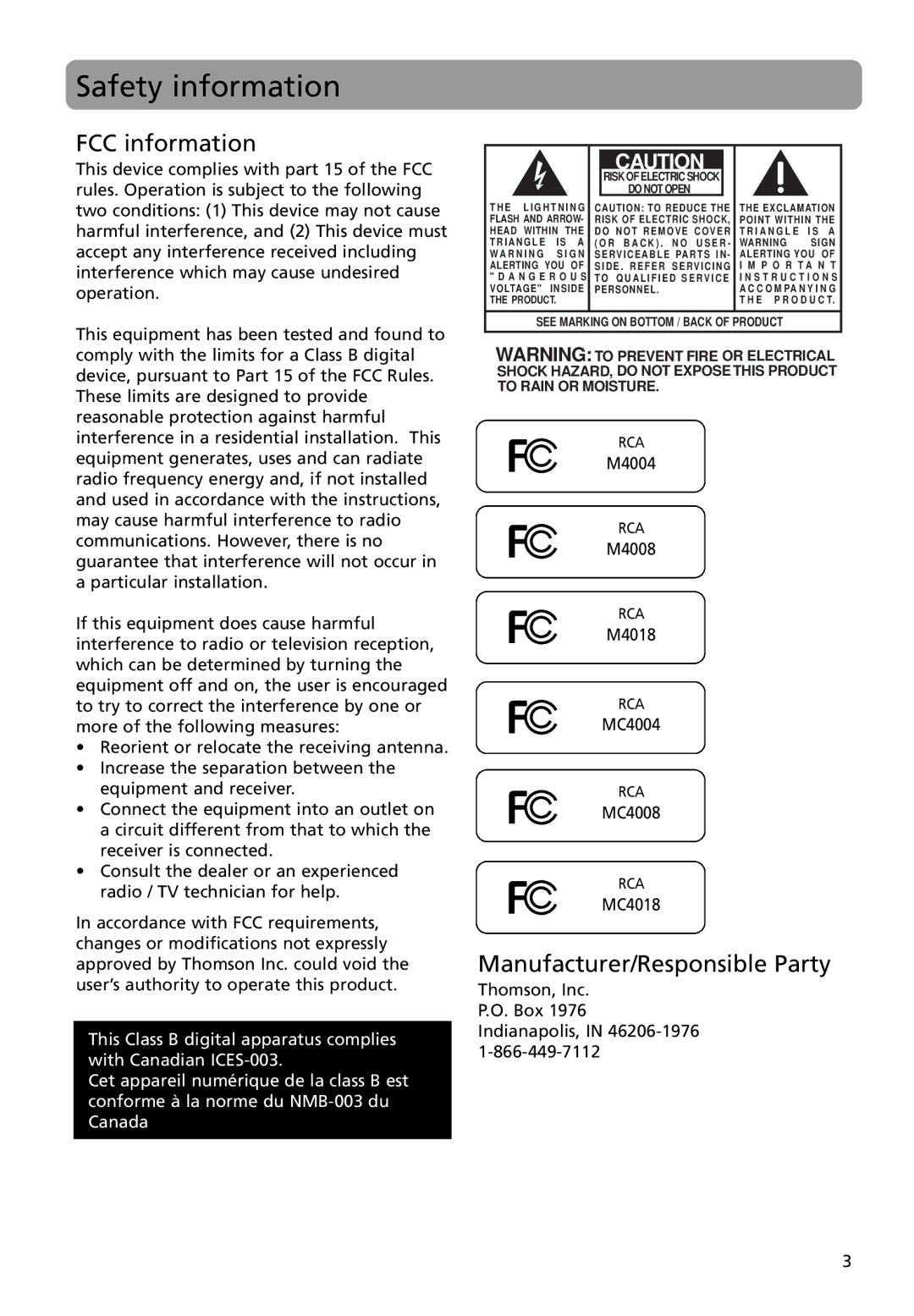 RCA MC4018, M4004, M4018, M4008, MC4008, MC4004 user manual Safety information, FCC information, Manufacturer/Responsible Party 