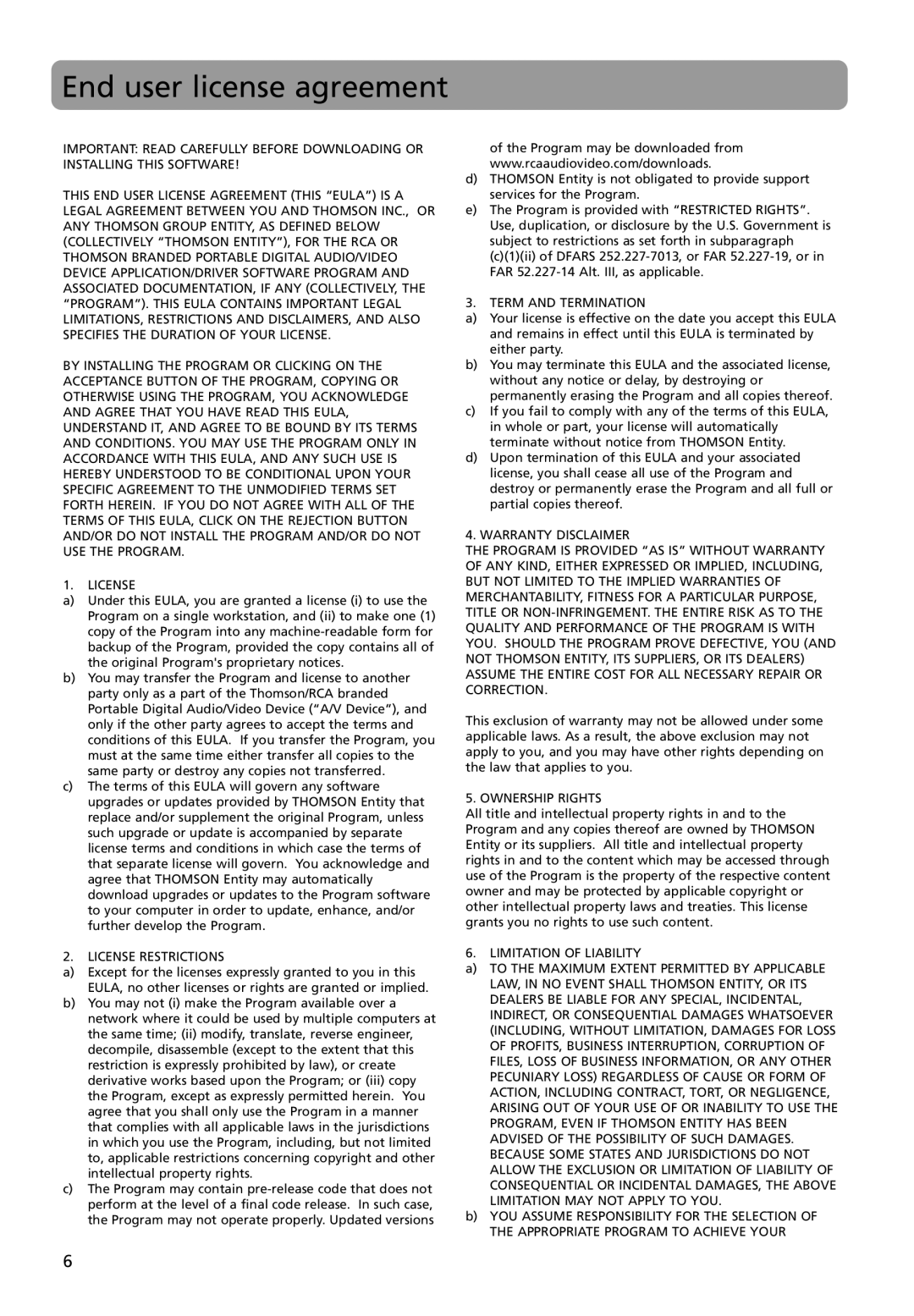 RCA M4004, M4018, M4008, MC4018, MC4008, MC4004 user manual End user license agreement, License Restrictions 