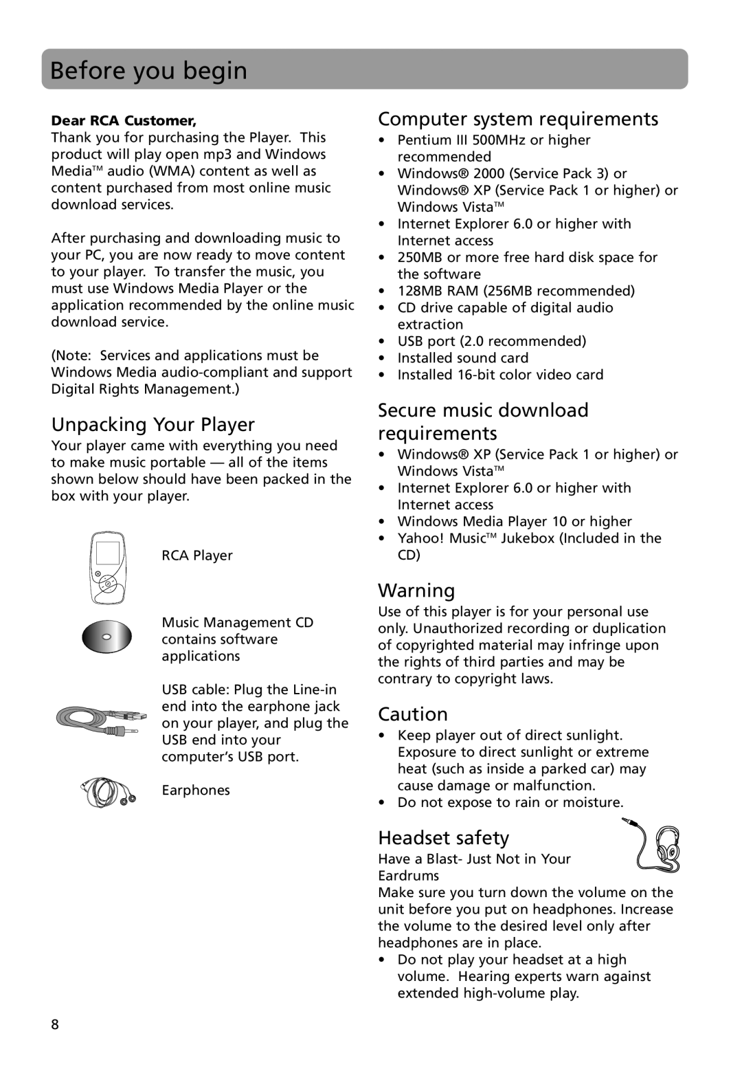 RCA M4008, M4004 Before you begin, Unpacking Your Player, Computer system requirements, Secure music download requirements 