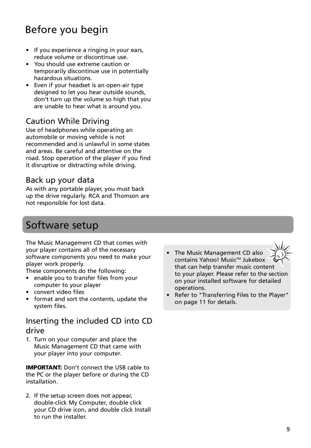 RCA MC4018, M4004, M4018, M4008, MC4008, MC4004 Software setup, Back up your data, Inserting the included CD into CD drive 