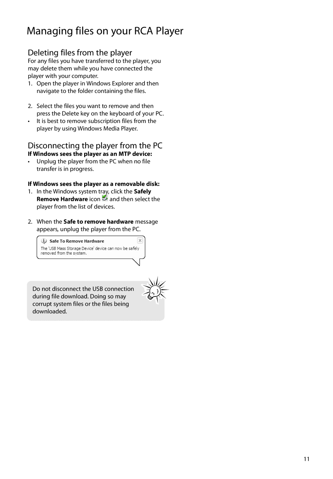 RCA MC4104, M4108, M4104, M4102, MC4102, MC4108 user manual Deleting files from the player, Disconnecting the player from the PC 