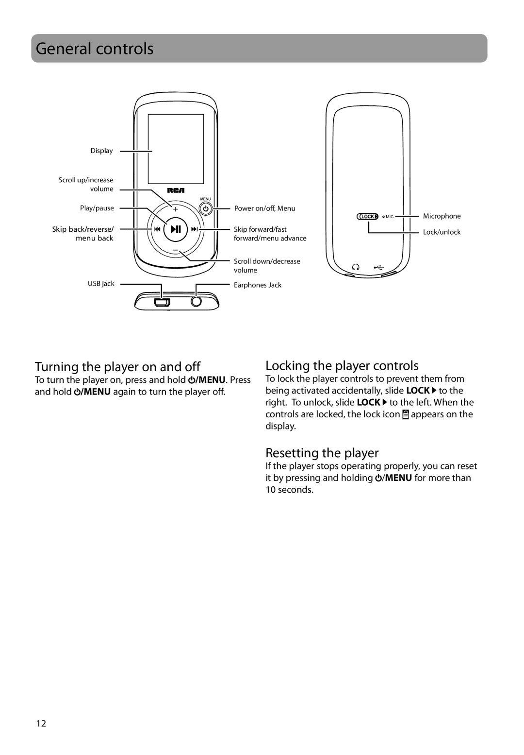 RCA M4108, M4104, M4102 General controls, Turning the player on and off, Locking the player controls, Resetting the player 