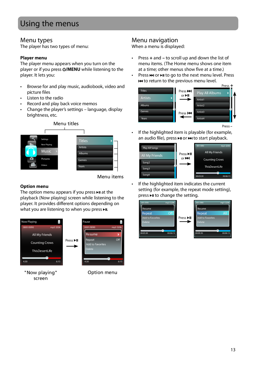 RCA M4104, M4108, M4102, MC4102, MC4108, MC4104 Using the menus, Menu types, Menu navigation, Player menu, Option menu 