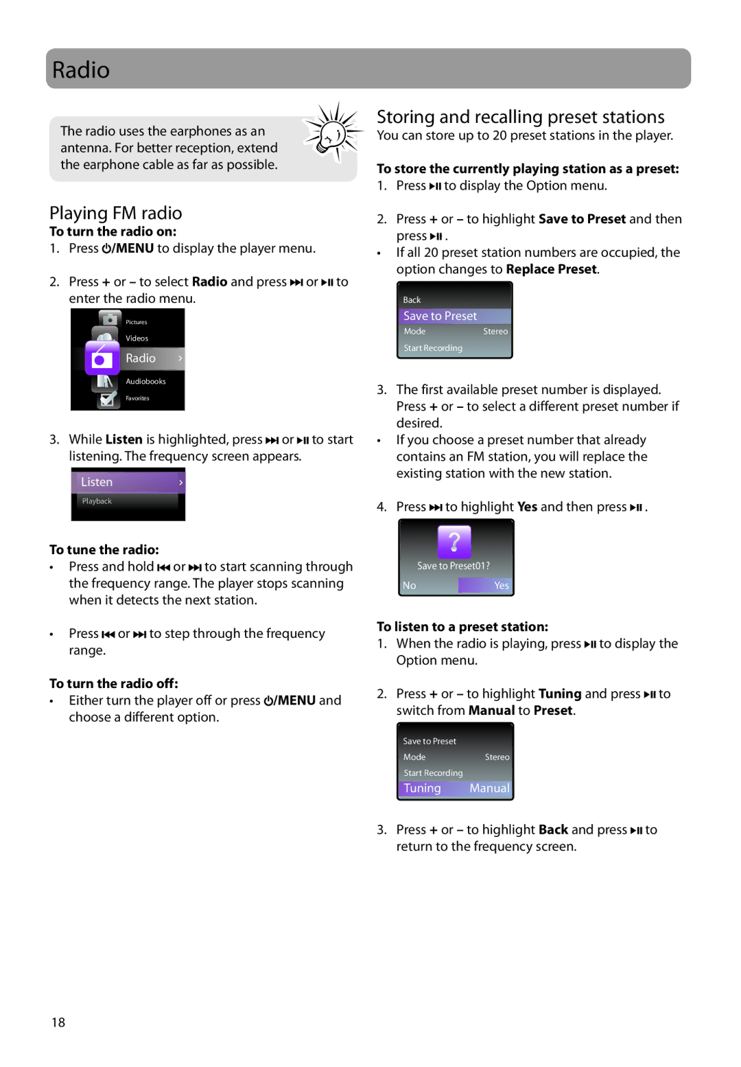 RCA M4108, M4104, M4102, MC4102, MC4108, MC4104 user manual Radio, Playing FM radio, Storing and recalling preset stations 