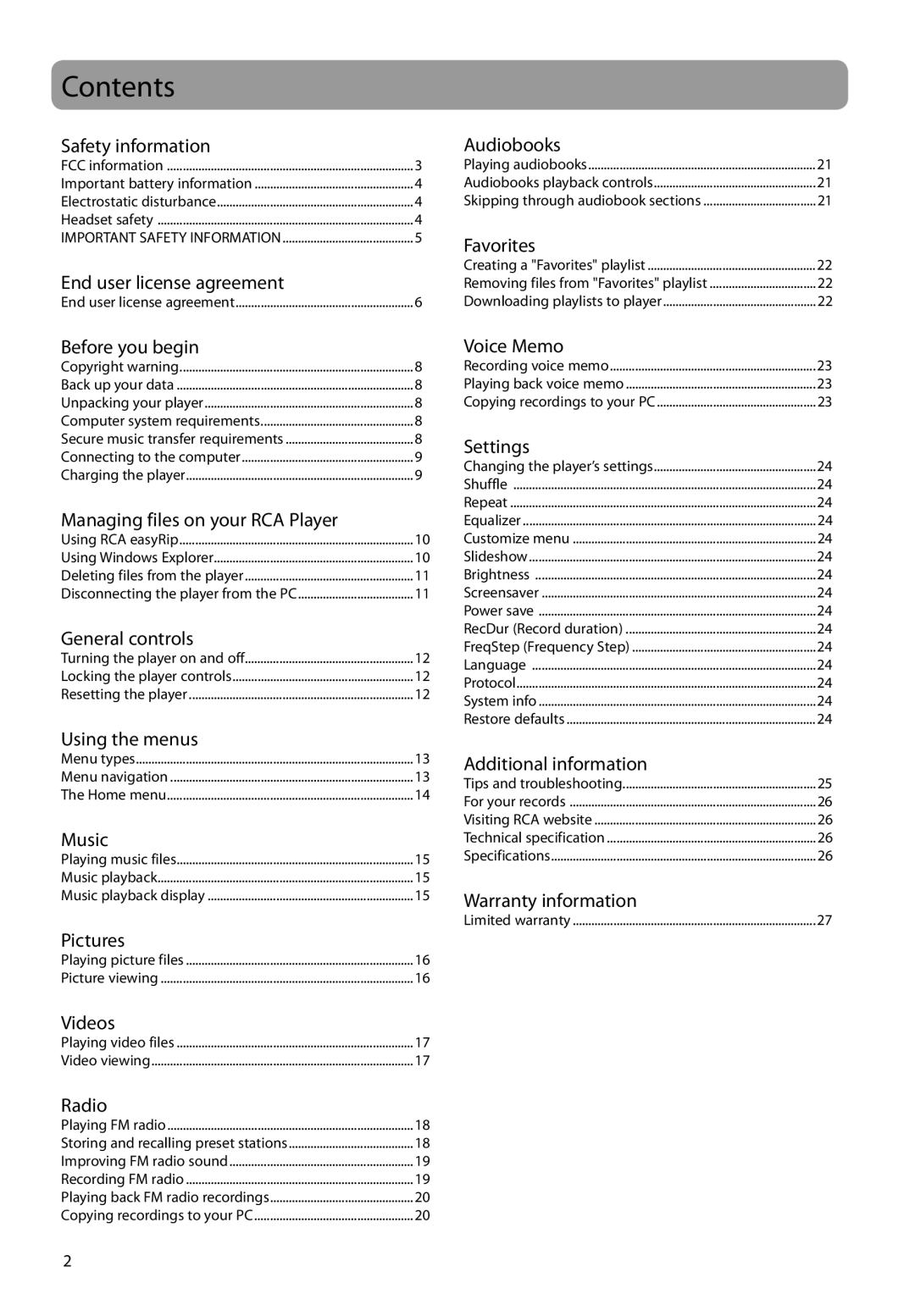 RCA M4102, M4108, M4104, MC4102, MC4108, MC4104 user manual Contents 