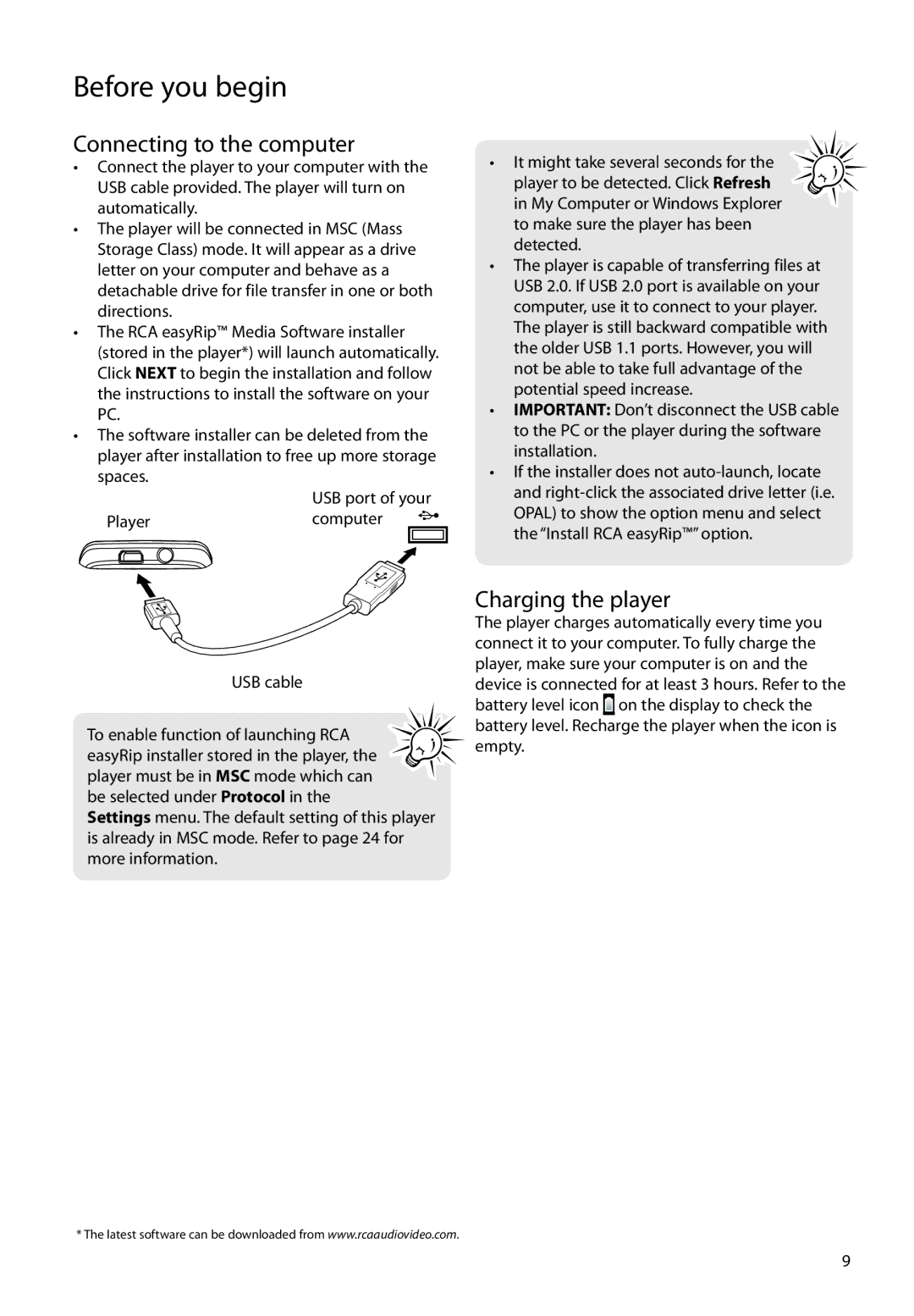 RCA MC4102, M4108, M4104, M4102, MC4108, MC4104 user manual Connecting to the computer, Charging the player 